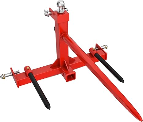 YINTATECH 49" 3 Point Hay Spear for Tractor Category 1 with 2 Stabilizers Bale Spear & 2" Receiver with Trailer Ball Gooseneck Drawbar, Loading 3000lbs,Red
